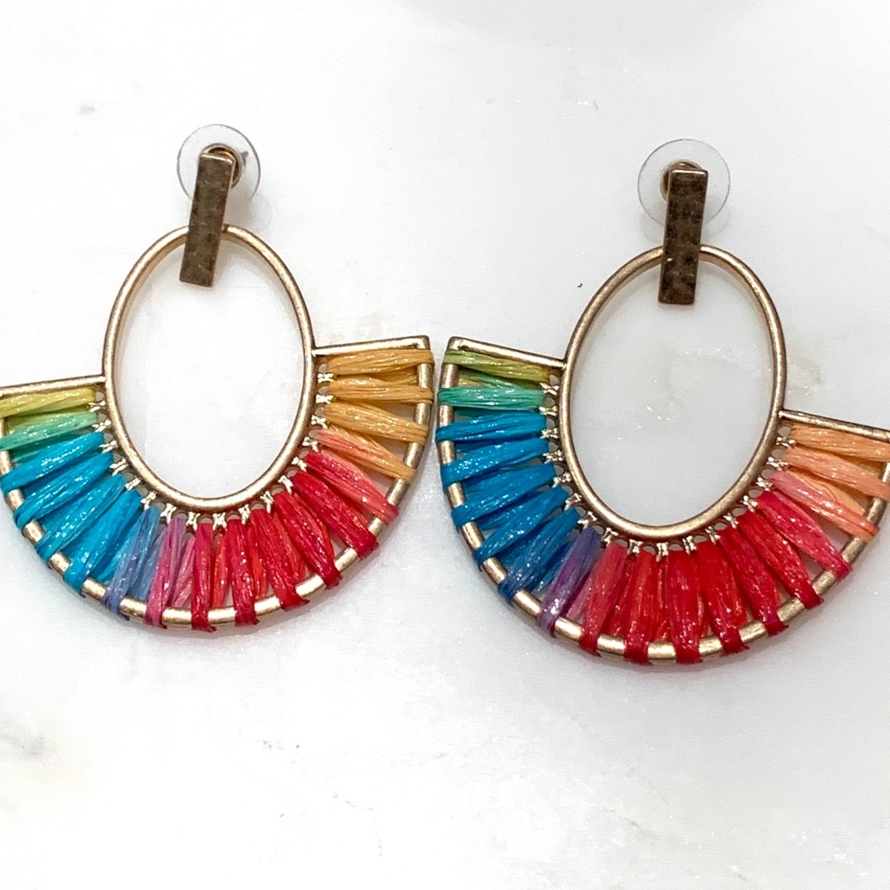 Intermix — multi-colored weaved-fan earrings